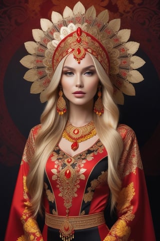 elegant, graceful female model with long blonde hair, in an intricate headdress and extravagant outfit, complex Khokhloma patterns (red, yellow-gold, black), neutral background, bright lighting, contrasting shadows and reflections, clear details, realism, photo quality