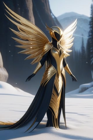alien angel bird with filigree feathers, drops of sparkling gold, a scattering of shiny strands of rock crystal that stands in the snow, Mike Winkelman, winner of the cgsociety competition, 5 parts of unreal engine decorated with shiny gold and silver, 2 0 2 1 cinematic 4x framegrab, (unreal engine), intricate sparkling atmosphere, wings of a golden cloak folded behind his back, unreal 5 lumen engine, intricate costume design and Alphonse the Fly