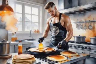 Watercolor, airbrush, brutal white male biker frying pancakes, background kitchen, style Anka Zhuravleva