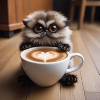 next to a cup of cappuccino, small, with bulging eyes, funny, funny, ridiculous, with tenacious paws, cute, hairy, creature on a wooden floor, grotesque, surrealism, realistic photography