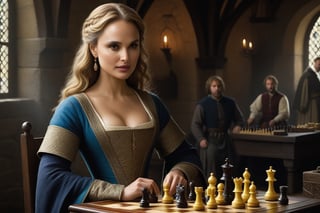 Create an image of a white young woman with disheveled blond hair Natalie Portman in the role of an optimistic, cheerful, frivolous medieval innkeeper. dark shadows, colorful contrasts, fantastic concept art by Jakub Rosalski, Jan Matejko and J.Dickenson's story of a young dangerous, mysterious and insecure strange woman with several friends playing chess in an old medieval house, portrait painting