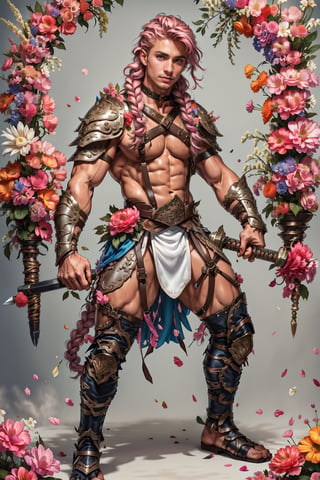 wearing armor, armor,1 man,  asian man, braid long pink hair man , full body , blue eyes, man body, sweaty body , sexy face, pink   , wearing skirt, harness, stockings BREAK  , male chest  , sexy choker  ,battoujutsu,flower4rmor ,
