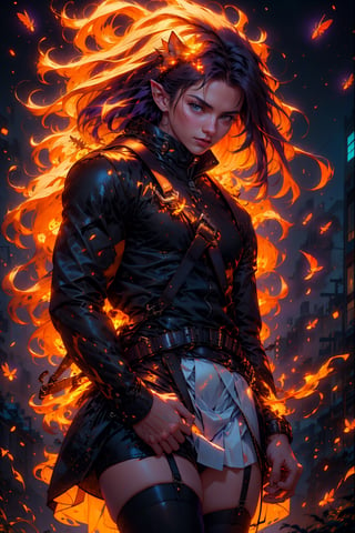  1 man, male face ,  freckles ,at night in the city  ,blue eyes , purple long hair , kawaii , wearing leather bag on side, wearing white skirt, harness, stockings BREAK,firefliesfireflies,r1ge,elf ears