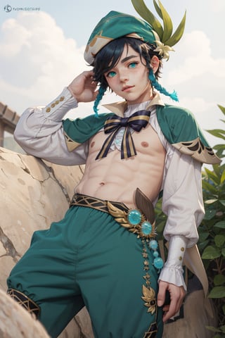  1 man, male face , twink body, freckles face,  ,green eyes  , kawaii ,ventidef, beret,venti (genshin impact)