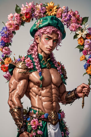 1 man, male face , braid pink hair, twink body, freckles face,  ,green eyes  , kawaii ,ventidef, beret,venti (genshin impact),dwarfoil,flower4rmor