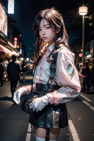  1 japanese man, male face , white gloves ,   ,at night in the city ,cute man ,blue eyes and a pink long hair , kawaii , wearing mini skirt, harness, side bag, stockings BREAK,firefliesfireflies
