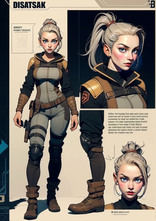 The concept character sheet of a strong, attractive, and hot warrior lady, mad max style, post apocalyptic style, dieselpunk look, dieselpunk setting, dieselpunk soldier girl, wearing techwear and armor, Cyberpunk costumes, In steampunk style, Her face is oval,  forehead is smooth and visibly rounded at the temples. jawline is softly defined,  giving her a gentle and feminine appearance, full body,  Full of details, frontal body view, back body view, Highly detailed, Depth, Many parts,((Masterpiece, Highest quality)), 8k, Detailed face (ponytail hair) (grey hair) (golden eyes), angry expression, Infographic drawing. Multiple sexy poses. tattoos,3d,SAM YANG,incase