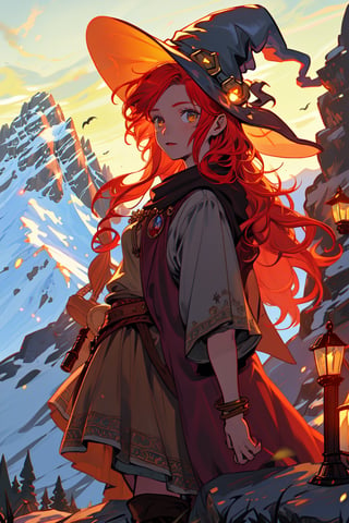 a witch girl, long gree red hair,  in a mountain, high quality, high resolution, high precision, realism, color correction, proper lighting settings, harmonious composition, girl, ancient gipsy clothes