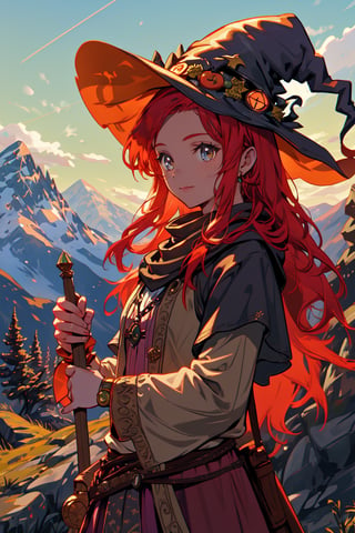 a witch girl, long gree red hair,  in a mountain, high quality, high resolution, high precision, realism, color correction, proper lighting settings, harmonious composition, girl, ancient gipsy clothes