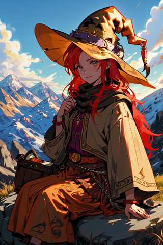 a witch girl, long gree red hair,  in a mountain, high quality, high resolution, high precision, realism, color correction, proper lighting settings, harmonious composition, girl, ancient gipsy clothes