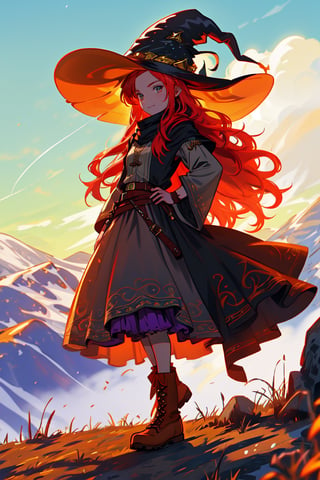 a witch girl, long gree red hair,  in a mountain, high quality, high resolution, high precision, realism, color correction, proper lighting settings, harmonious composition, girl, ancient gipsy clothes