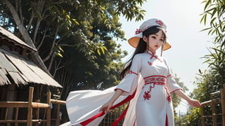 A Vietnamese girl is wearing a traditional white Vietnamese long dress cheongsam and an original bamboo hat on her head,body writing