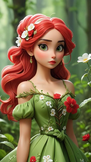 She wears a green vine dress embroidered with red and white flowers, complemented by a petal cloak. Her hair is tied in a bun with green vines intertwined.
Style: Elegant and natural, exuding a floral fragrance. She holds a blooming flower in her hand.
Background: Flora Specter lives deep within the forest, serving as a guardian of nature and flowers. Her presence ensures the balance of the forest ecosystem.
Keywords:
Floral: Covered with or resembling flowers, fragrant, colorful.
Harmony: Balanced, peaceful, in tune with nature.
Vibrant: Bright, lively, full of life.


whole body
,Personification