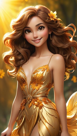 She wears a golden petal dress, her skin glowing with amber hues, and her hair adorned with a golden hairpin.
Style: Warm and vibrant, with a radiant smile and lively presence.
Background: Amber Sprite is a guardian of sunlight and warmth, spreading joy and vitality wherever she goes.
Keywords:
Warmth: Heat, coziness, affection.
Glow: Radiance, shine, brilliance.
Vitality: Energy, liveliness, vigor.