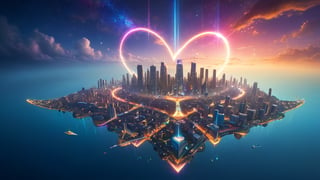 A floating city where a heart's map unfurls in the sky, with dreams painted in light on an invisible canvas. The map radiates with multicolored lights, with each line leading to new possibilities. The city is filled with futuristic technology and fantastical buildings.

