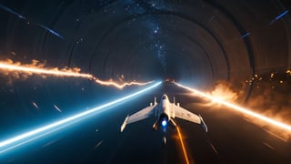 In a sky filled with unknown realms, the protagonist pilots a glowing aircraft through a tunnel of memories. Past memories and fragments of love flash by like shooting stars, with faint lights and swirling nebulas in the background, creating an atmosphere of exploration and pursuit.