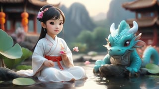 A Chinese girl is wearing a white Hanfu dress, and her figure is vaguely visible. China is ancient. Moon, pavilion, lotus and pond. Several koi fish, fairies,dragon