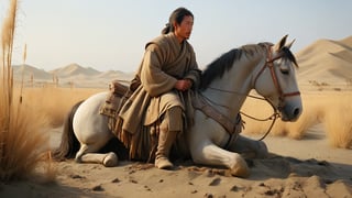 A weary traveler, dressed in dusty, tattered Han dynasty clothes, rests beside his horse on a desolate path. The reins hang loosely, and the traveler's saddle is covered in dust and dirt. In the background, tall reeds sway in the wind, and the traveler looks into the distance, lost in thought. He carries a worn-out leather quiver and a weathered bow.