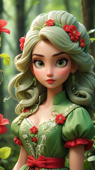 She wears a green vine dress embroidered with red and white flowers, complemented by a petal cloak. Her hair is tied in a bun with green vines intertwined.
Style: Elegant and natural, exuding a floral fragrance. She holds a blooming flower in her hand.
Background: Flora Specter lives deep within the forest, serving as a guardian of nature and flowers. Her presence ensures the balance of the forest ecosystem.
Keywords:
Floral: Covered with or resembling flowers, fragrant, colorful.
Harmony: Balanced, peaceful, in tune with nature.
Vibrant: Bright, lively, full of life.


whole body
,Personification
