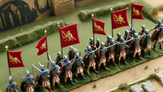 /create prompt:Under a giant Roman military banner embroidered with "SPQR," miniature soldiers engage in fierce combat. The flag waves majestically, symbolizing Roman power. Captured in a macro shot, highlighting the intricate "SPQR" embroidery and the soldiers' intense battle, with a tilt-shift effect to blur the battlefield. -camera zoom out -fps 24 -gs 16 -motion 1 -Consistency with the text: 22 -style: HD movies -ar 16:9
