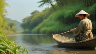On the curved bank of a tranquil river, a fisherman casts his net and rod. The scene is serene, with the gentle sound of water and the rustle of leaves. The fisherman wears a wide-brimmed bamboo hat and traditional Han dynasty robes, fully immersed in his task. Nearby, an old wooden fishing boat is anchored. HD