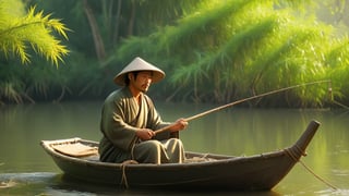 On the curved bank of a tranquil river, a fisherman casts his net and rod. The scene is serene, with the gentle sound of water and the rustle of leaves. The fisherman wears a wide-brimmed bamboo hat and traditional Han dynasty robes, fully immersed in his task. Nearby, an old wooden fishing boat is anchored. HD