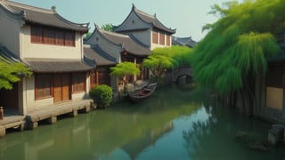 In the serene beauty of a Jiangnan water town during the Song Dynasty, showcasing a panoramic view capturing the tranquility of the surroundings.  -camera zoom out -fps 24 -gs 18 -motion 1 -Consistency with the text: 20 -style: Studio Ghibli -ar 16:9


