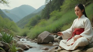 /create prompt: In a mountainous spring setting, the martial artist and the woman, both in traditional robes, sit by a brook, with the woman playing a guqin and the martial artist listening intently. -neg opposite of a desolate wasteland -camera pan right -fps 24 -gs 16 -motion 1 -Consistency with the text: 22 -style: HD movies -ar 16:9
