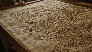 Adrian and Lillian stand before an intricately carved ancient map, carefully analyzing the treasure's location, captured in a close-up shot. 
