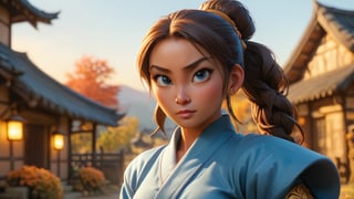 At the entrance of an autumn village, the martial artist in a blue robe with a high ponytail stands, holding a gleaming sword, with the sunset casting a warm glow