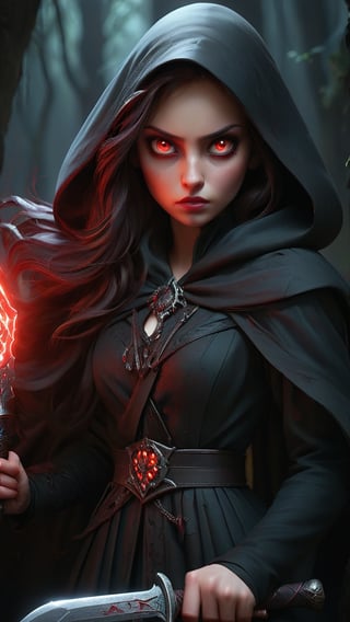 Dressed in a black cloak, her face shrouded in darkness, with deep red glowing eyes. She carries a bone knife.
Style: Dark and ruthless, with agile movements and an ominous presence.
Background: Nocturnal Wraith is the emissary of the night, navigating through darkness to maintain the balance between the living and the dead.
Keywords:
Shadowy: Dark, obscure, hidden.
Eerie: Uncanny, creepy, spooky.
Mournful: Sorrowful, grieving, lamenting.