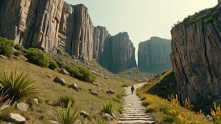 and her companions walk on the trial path, flanked by towering cliffs. Their steps are firm and courageous, with a light at the end of the path symbolizing the trial's end. -neg unclear or blocked path -camera pan left -fps 24 -gs 16 -motion 1 -Consistency with the text: 22 -style: HD movies -ar 16:9