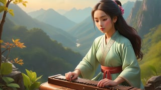 women playing the guzheng melodiously in the mountains, ancient landscape painting style