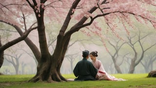 a serene cherry blossom forest in spring, with a couple seated beneath the trees admiring the blossoms, in ancient China's Song Dynasty 