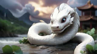 /create Prompt: Distant view of White Snake and Fa Hai in confrontation. White Snake and Fa Hai facing off on opposite sides of a river. Wide shot. Dramatic clouds gather overhead as the tension mounts between them. -camera pan right -fps 24 -gs 16 -motion 1 -Consistency with the text: 20 -style: 3D Animation -ar 16:9