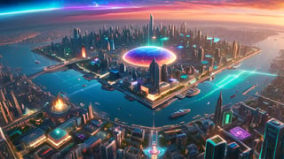 In a futuristic city with a gigantic floating holographic map in the sky, showcasing a dream-filled city layout. The map glows with vibrant colors, highlighting various fantastical buildings and future technologies. Citizens wander below, gazing up at the map, dreaming of their future.