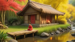 Nestled among bamboo groves and along a stream, a small cottage made of straw and wood stands. Outside the cottage, a family is seen engaging in daily chores, with a child playing nearby. They wear Han dynasty clothing. The autumn foliage is vibrant with red and yellow hues, painting a picturesque and serene scene. HD