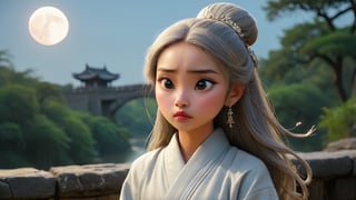  On an ancient stone bridge, a Han dynasty girl, dressed in a plain long robe, with long hair and a silver hairpin, stands at the bridge's edge, gazing at the bright moon in the sky. She holds a letter full of longing words, with tears glistening in her eyes, filled with deep yearning for her distant lover.
   - Keywords: longing, plain long robe, silver hairpin, letter, tears, Han dynasty girl
