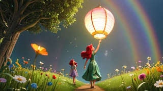 the meadow, Ariel raises her lantern, illuminating the path under the rainbow. She and her companions follow the lantern's light, which guides them towards a brighter future. -neg unlit or dark pathway -camera pan down -fps 24 -gs 16 -motion 1 -Consistency with the text: 22 -style: HD movies -ar 16:9