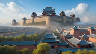 A distant view of the city of the Yuan Dynasty in China. The city of the Yuan Dynasty in China towers into the clouds in the distance. The city walls stand on the plain, and the gate guards are vaguely fighting fiercely. Yuan Dynasty guards in blue robes and Mongolian cavalry in armor fought endlessly in front of the city gate, swords clashing and dust flying.