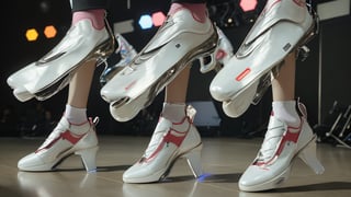 Close-up of the coordinated footwork of a three-member Korean pop group as they execute a complex dance routine. The focus is on their synchronized steps and the design of their stylish shoes against a lit-up stage floor. The view uses a mid-focal length lens, capturing the precision and rhythm in their movements.