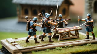 /create prompt:Miniature Roman soldiers preparing a giant crossbow, with the bowstring tightly drawn, ready to launch. The crossbow's wooden frame features intricate carvings, and the soldiers work together to adjust its angle. Captured in a macro shot, highlighting the details of the crossbow and the soldiers, with a tilt-shift effect to blur the army in the background. -camera zoom in -fps 24 -gs 16 -motion 1 -Consistency with the text: 22 -style: HD movies -ar 16:9
