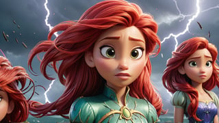 the storm, Ariel is knocked down but resolutely stands up, her face filled with indomitable will. Her companions are beside her, supporting each other, showcasing the true spirit of heroes. 