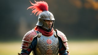 /create prompt:A miniature soldier wearing ancient armor with the Chinese character "武" (martial) embossed on it. The shoulder guards have intricate engravings, and the helmet features red plumes fluttering in the wind. Captured in a macro shot, emphasizing the fine details of the "武" character and the armor, with a tilt-shift effect to blur the background troops and banners. -neg opposite of a plain, undecorated armor -camera zoom in -fps 24 -gs 16 -motion 1 -Consistency with the text: 22 -style: HD movies -ar 16:9
