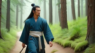 /create prompt: A tranquil ancient road lined with tall green pines. The martial artist in a blue robe, his long black hair tied in a high ponytail, walks forward, his white cloak billowing behind.  -camera pan left -fps 24 -gs 16 -motion 1 -Consistency with the text: 22 -style: HD movies -ar 16:9
