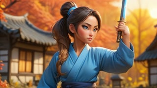At the entrance of an autumn village, the martial artist in a blue robe with a high ponytail stands, holding a gleaming sword, with the sunset casting a warm glow