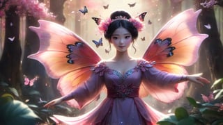 An ancient Chinese girl has a pair of colorful butterfly wings floating in the air and wears a pink Han Dynasty dress. flowers, wings, trees, no humans, bugs, many small butterflies, nature, forest, fly, butterfly wings,glitter,Disney pixar style