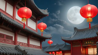Description: A bright full moon hangs high in the night sky, emitting a silver glow. A few wisps of light clouds drift by, complementing the stars. In the distance, the eaves of Ming dynasty buildings are clearly visible under the moonlight, and a few red silk lanterns hang at the doorway, gently swaying in the breeze.
Keywords: Full moon, silver glow, Ming dynasty buildings, red silk lanterns