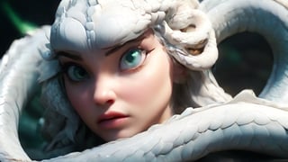 White Snake's transformation scene. Female character in white, morphing into a serpent. Close-up shot. Her eyes glow with supernatural power as scales emerge. 