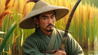 Beside a clear autumn river, a man dressed in ancient Han dynasty robes stands with a bow and arrows. The wind rustles the reeds and cattails, and the man gazes across the water, contemplating his journey. The scene is tranquil, with a hint of melancholy. He wears a traditional bamboo hat and carries a sword at his side. HD